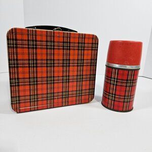 Vintage Aladdin Plaid Tartan Metal Lunchbox & Thermos 1950s Red Black